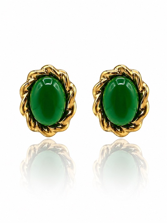 Jewelry - Gold PVD Green Oval Cabochon Twist Earrings